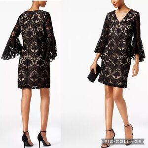 ✨EUC✨MSK Black Sheath Dress with Bell Sleeves Lace V-Neck Size Medium